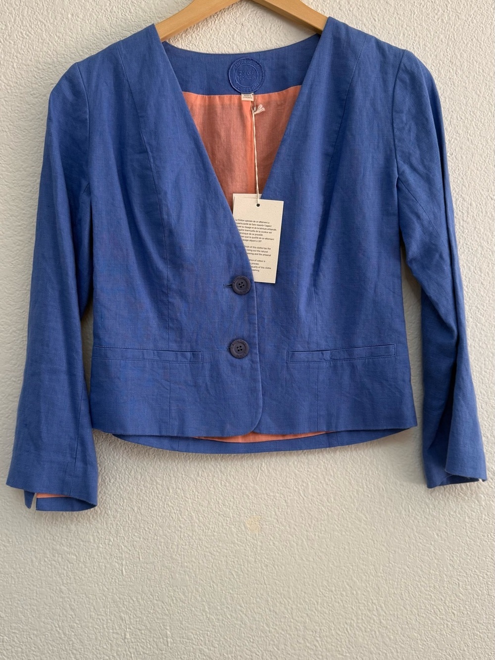 Women's Blue V-Neck Cropped Blazer with Two-Button Front Zyga 100% linen